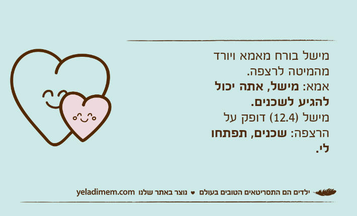 מישל בורח מאמא ויורד מהמיטה לרצפה.אמא: מישל, אתה יכול להגיע לשכנים.מישל )12.4( דופק על הרצפה: שכנים, תפתחו לי.