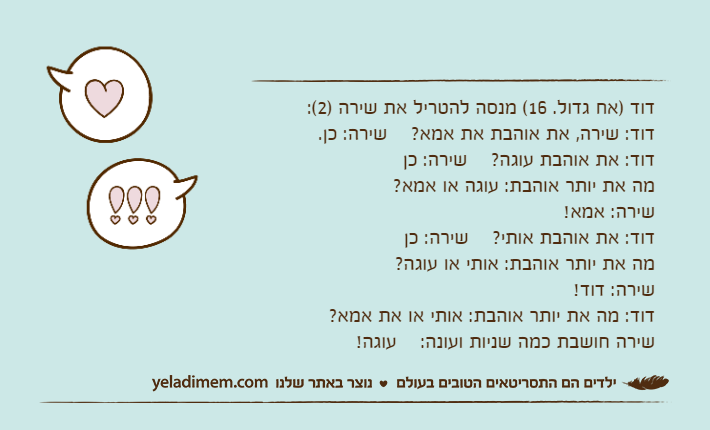 דוד )אח גדול. 16( מנסה להטריל את שירה )2(:דוד: שירה, את אוהבת את אמא?    שירה: כן.דוד: את אוהבת עוגה?    שירה: כןמה את יותר אוהבת: עוגה או אמא?שירה: אמא!דוד: את אוהבת אותי?    שירה: כןמה את יותר אוהבת: אותי או עוגה?שירה: דוד!דוד: מה את יותר אוהבת: אותי או את אמא?שירה חושבת כמה שניות ועונה:    עוגה!