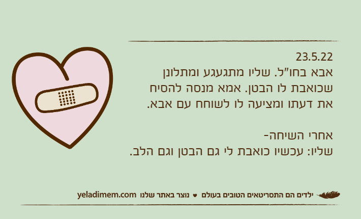 23.5.22אבא בחו"ל. שליו מתגעגע ומתלונן שכואבת לו הבטן. אמא מנסה להסיח את דעתו ומציעה לו לשוחח עם אבא.אחרי השיחה-שליו: עכשיו כואבת לי גם הבטן וגם הלב.