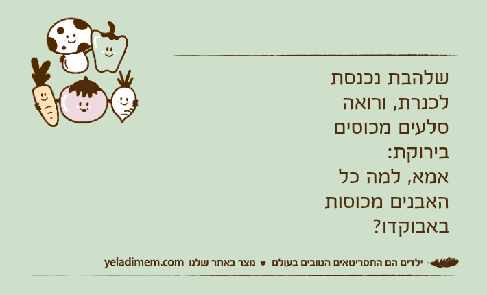 שלהבת נכנסת לכנרת, ורואה סלעים מכוסים בירוקת:אמא, למה כל האבנים מכוסות באבוקדו?